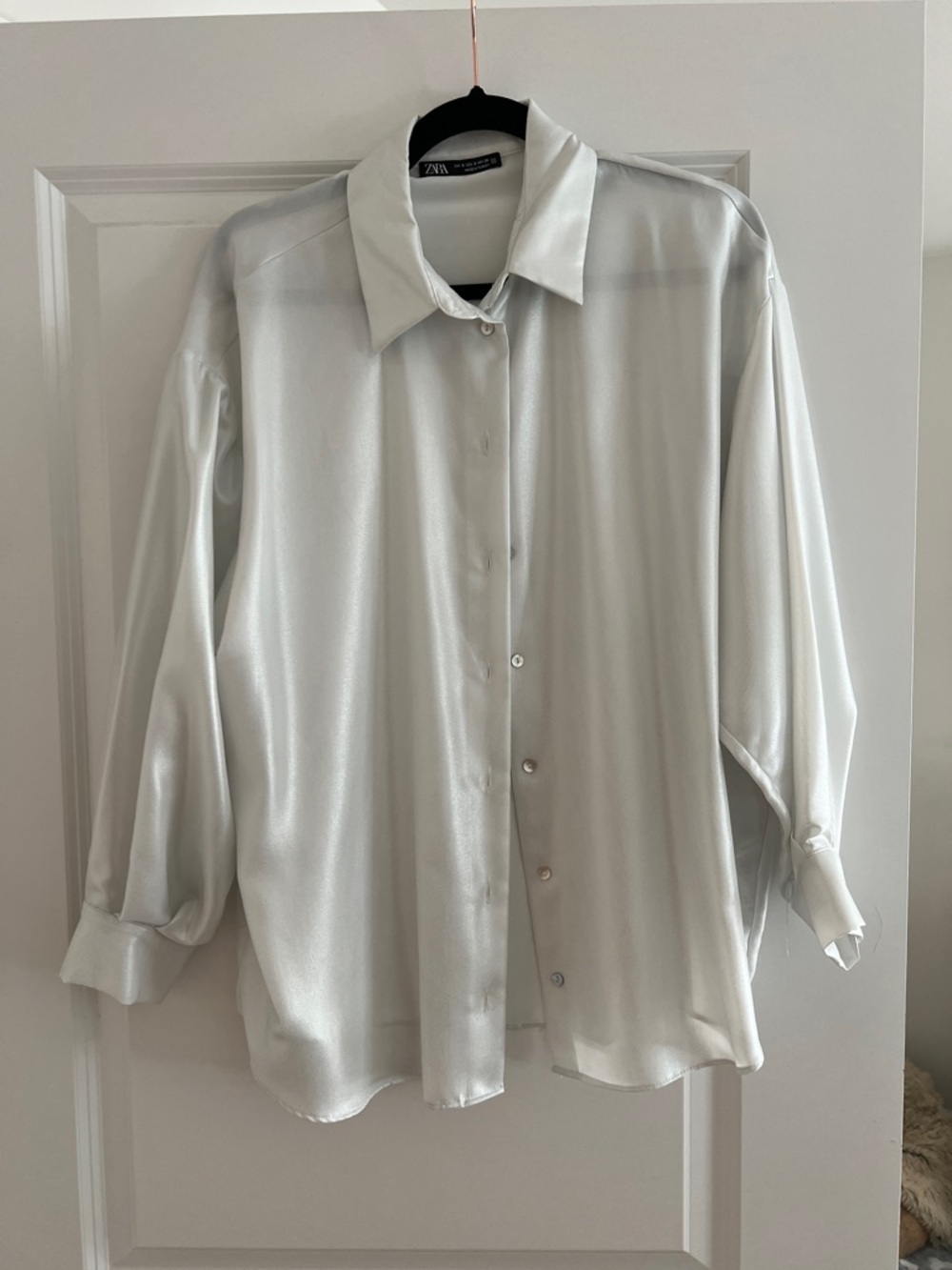 Zara Silky Button-Down Shirt in Pearl White